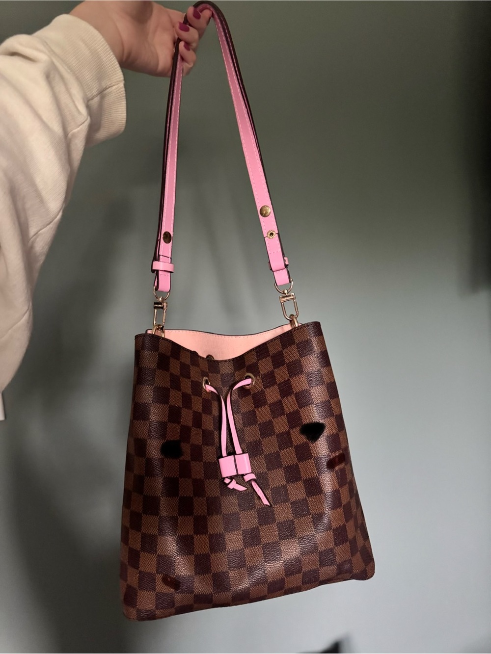 Brown Checkered Bucket Bag with Pink Trim
